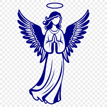 An illustrated design featuring a traditional depiction of an angel with wings spread wide.