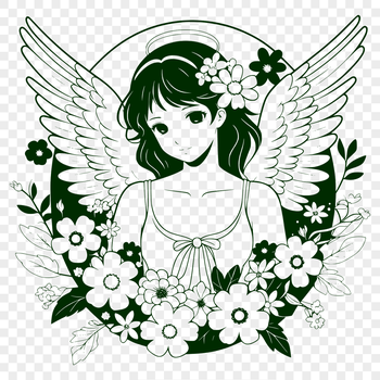 A stylized illustration of a winged angel surrounded by floral elements.