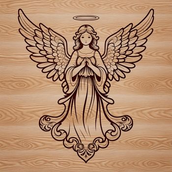 An ornate design featuring a halved-winged angel in a digital clip art style.