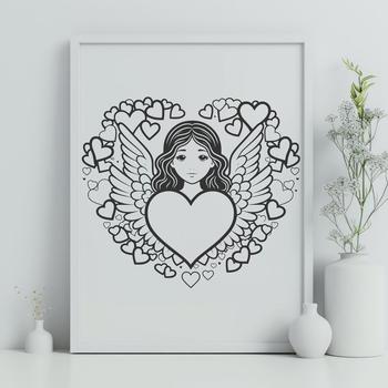A digital illustration of a winged angel with a heart symbol on its chest.