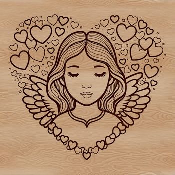 A stylized illustration of a benevolent angel holding a heart, suitable for various design applications.