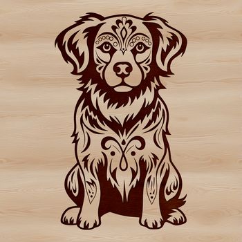 Portrait of a sitting Australian Shepherd dog with ornate details in vector design format.
