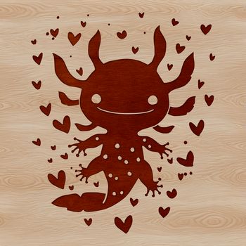 A stylized illustration of a Mexican salamander with hearts, featuring distinctive feathery gills and a calm expression.