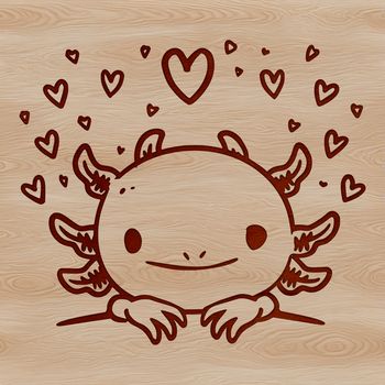 A digital illustration of an axolotl salamander peeking out from behind a heart.