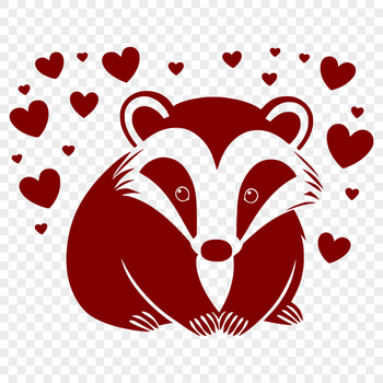 A close-up illustration of a badger's face with heart symbols incorporated into its design.