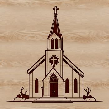 A simple illustration of a Baptist church exterior with a steeple and entrance.