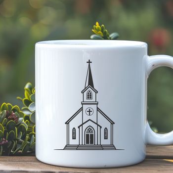 A stylized illustration of a traditional Baptist church exterior with symmetrical facade.