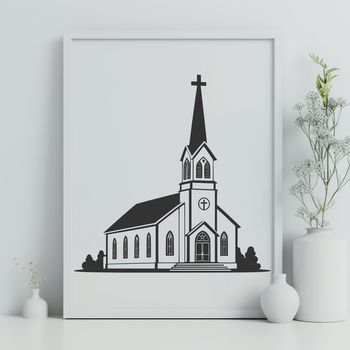 An SVG vector design representation of a traditional Baptist church exterior with details.