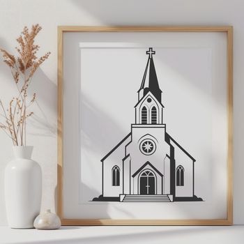 A simple illustration of a traditional Baptist church building with a prominent steeple and cross.
