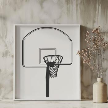 A graphic representation of a basketball on a court with a net and hoop.