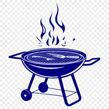 A vector illustration of a barbecue grill with cooking utensils and food on the side.