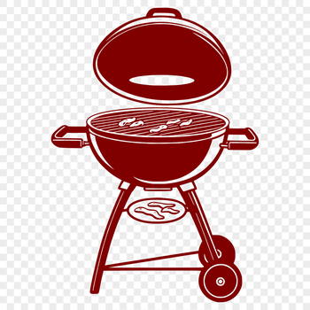 A stylized illustration of a BBQ grill with food cooking on the grates.