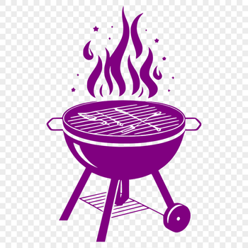 A digital illustration of a BBQ grill with utensils and food preparation elements.