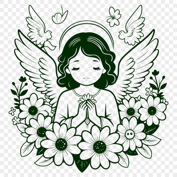 A stylized illustration of a winged female figure in floral attire.