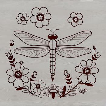 A colorful vector illustration of a dragonfly in flight, featuring delicate floral patterns on its wings.