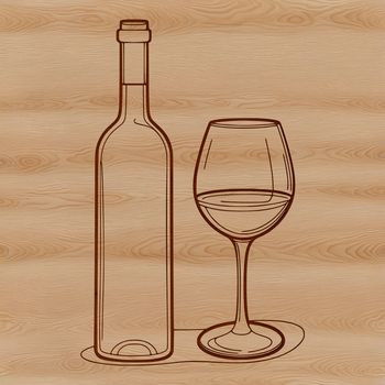 A detailed illustration of a glass filled with red wine sitting next to an opened bottle.