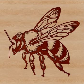 A stylized illustration of a flying bee in a garden setting.