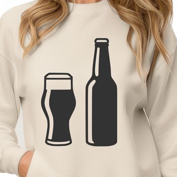 A 2D illustration of a beer bottle with a label and cap.