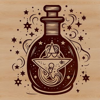 A detailed illustration of a witch's potion bottle with intricate designs, set against a dark background.