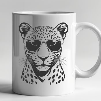 A sleek, spotted big cat wearing trendy sunglasses in a cartoon style.