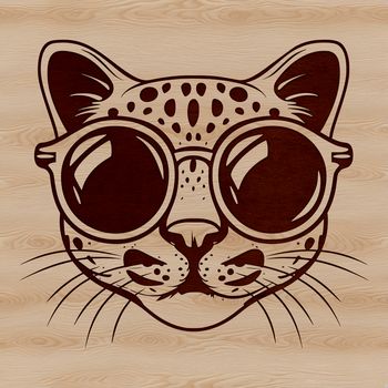 A close-up of a wild ocelot's head with sunglasses perched on its forehead, depicted in a simplified vector style.