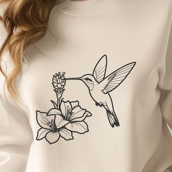 A detailed illustration of a hummingbird in mid-air, surrounded by a floral pattern.