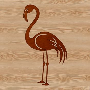 A single flamingo standing in a grassy field, surrounded by minimal background elements.