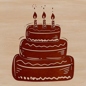 A colorful illustration of a layered birthday cake with candles and decorations, suitable for printing and cutting.