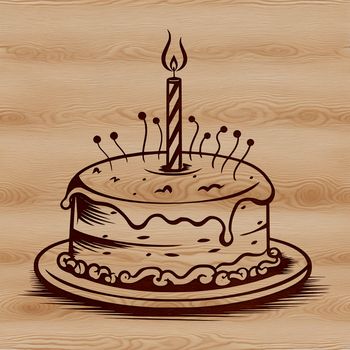 A colorful illustration of a birthday cake with multiple tiers and candles.