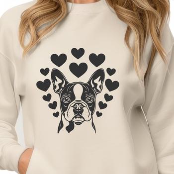 A charming illustration of a Boston Terrier dog with heart motifs on its head.
