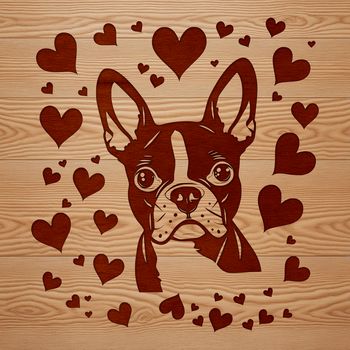 Vector art of a Boston Terrier animal with heart decorations on its head.