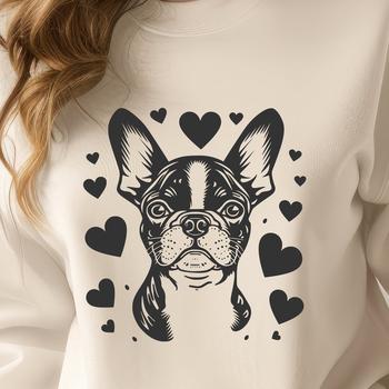 A cute Boston Terrier breed dog with heart symbols around its head.