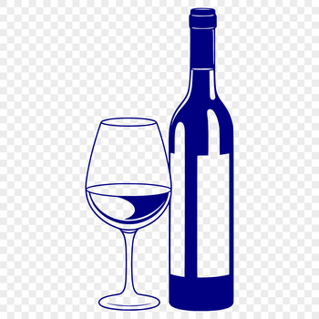A wine bottle and glass, designed as a vector graphic.
