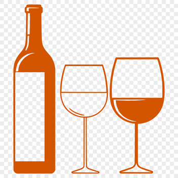 A minimalist illustration of a wine bottle with a glass on the side.
