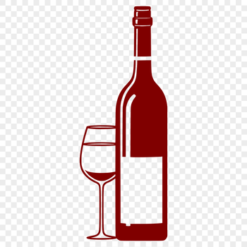 A glass filled with red wine next to a wine bottle on a table.