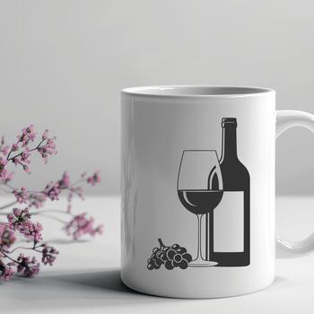 A graphic representation of a bottle of wine in a glass on a table.