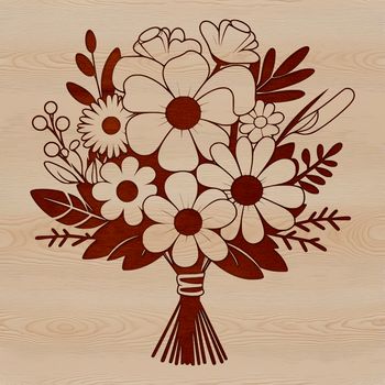 A stylized bouquet of flowers made up of various blooms in different colors and arrangements.