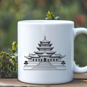 Buddhist temple illustration featuring intricate details and ornate architecture.