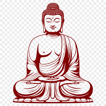 A stylized illustration of the Buddha in a meditative pose.