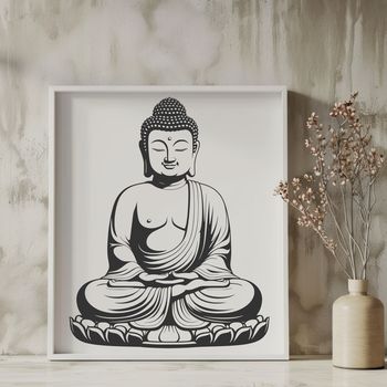 A simple line-art design of a seated Buddhist figure in a meditative pose.