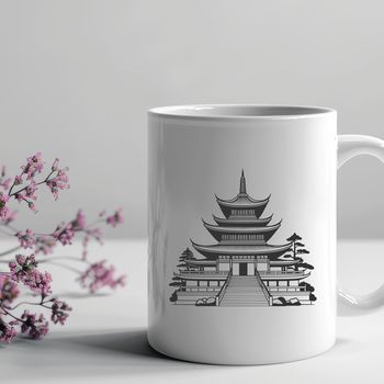 Buddhist temple architecture with intricate details, vector design.