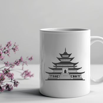 An SVG vector graphic representation of a serene and peaceful Buddhist temple structure.