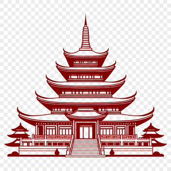 An elegant vector design representation of a serene Buddhist temple with curved roofs and columns.