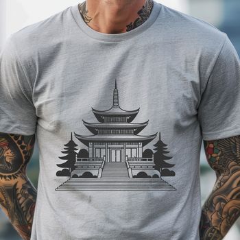 A digital illustration of a traditional Buddhist temple with intricate details and ornate architecture.