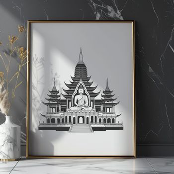 A Buddhist temple with intricate architecture, set against a simple background.