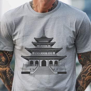 Illustration of a serene Asian-style Buddhist temple with multiple tiers and a prominent dome.
