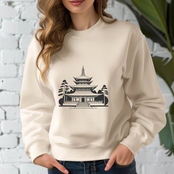 An illustration of a serene Buddhist temple, featuring classic design elements and spiritual motifs.