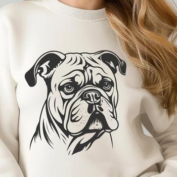A detailed illustration of a bulldog's head with wrinkles and facial features.
