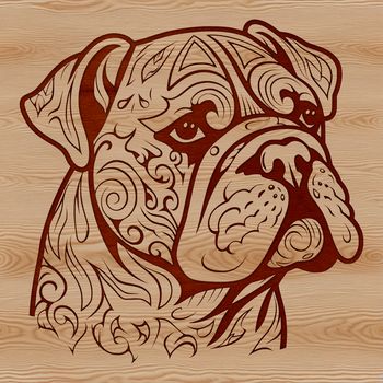 A stylized illustration of a bulldog's head with ornate details, suitable as clip art or vector design.