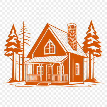 A simple illustration of a traditional wooden cabin with a sloping roof.